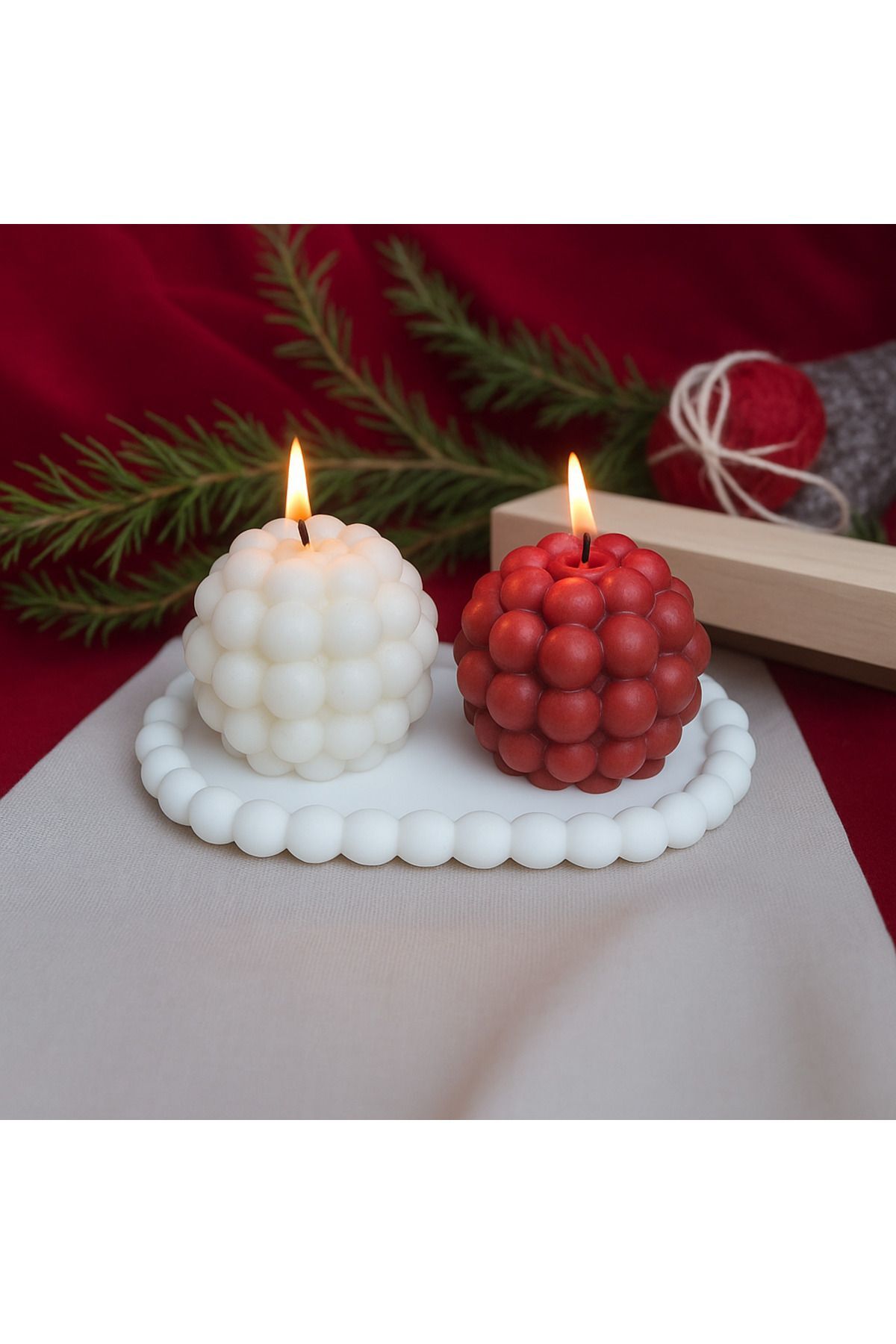 Romantik Bubble Mum İkili Set – Kırmızı Beyaz Renkli El Yapımı Mumlar