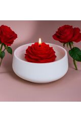 El Yapımı Kırmızı Gül Şekilli Mum | Seramik Kaseli Romantik Dekoratif Mum | Aymumi Home