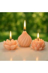 El Yapımı Çiçek ve Spiral Şekilli Dekoratif 3’lü Mum Seti | Lotus Mum | Aymumi Home