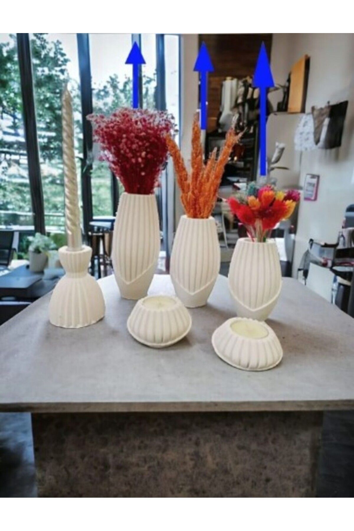 Hediyelik Ve Dekoratif Modern 6'lı Vazo Tealight Mumluk, Şamdan Seti 6 Parça Ham Beyaz