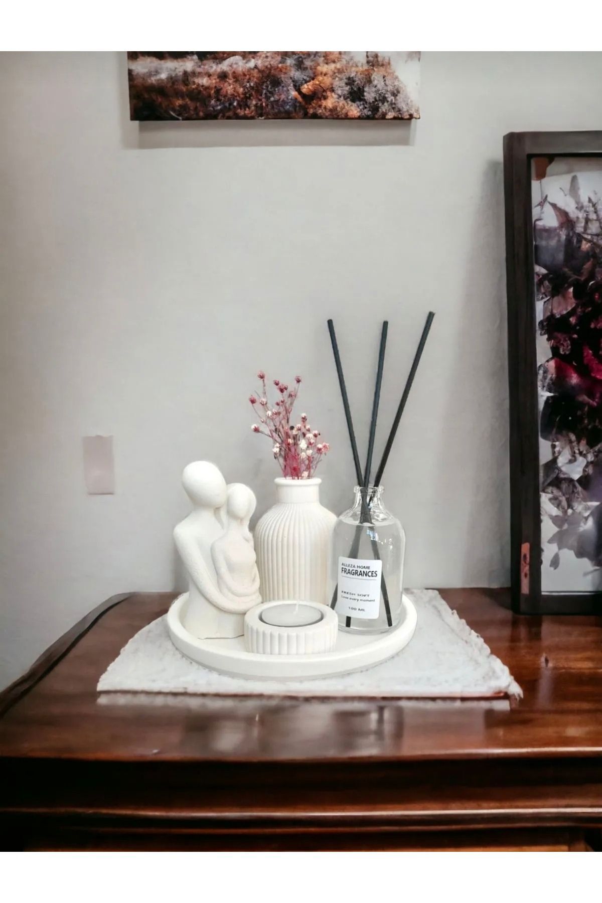 Dekoratif Nordik Kuru Çiçek Vazosu Sarılan Sevgili Biblo Fresh Soft Oda Kokusu Set
