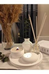 Dekoratif 5li Set Mum Çizgili Vazo Tealight mumluk ve Oda Kokusu Seti