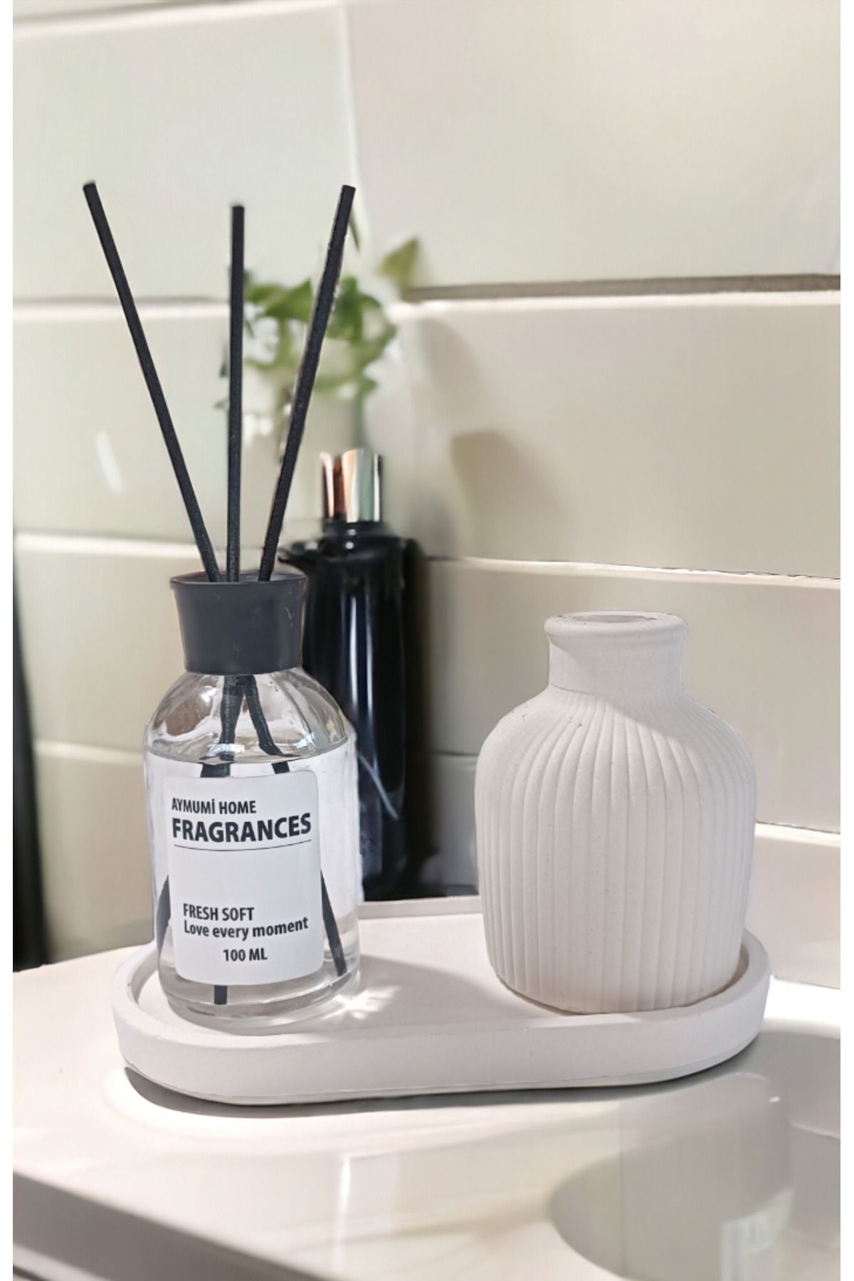 Dekoratif Mini Pampas Kuru Çiçek Vazosu Fresh Soft Oda Kokusu Standlı Set