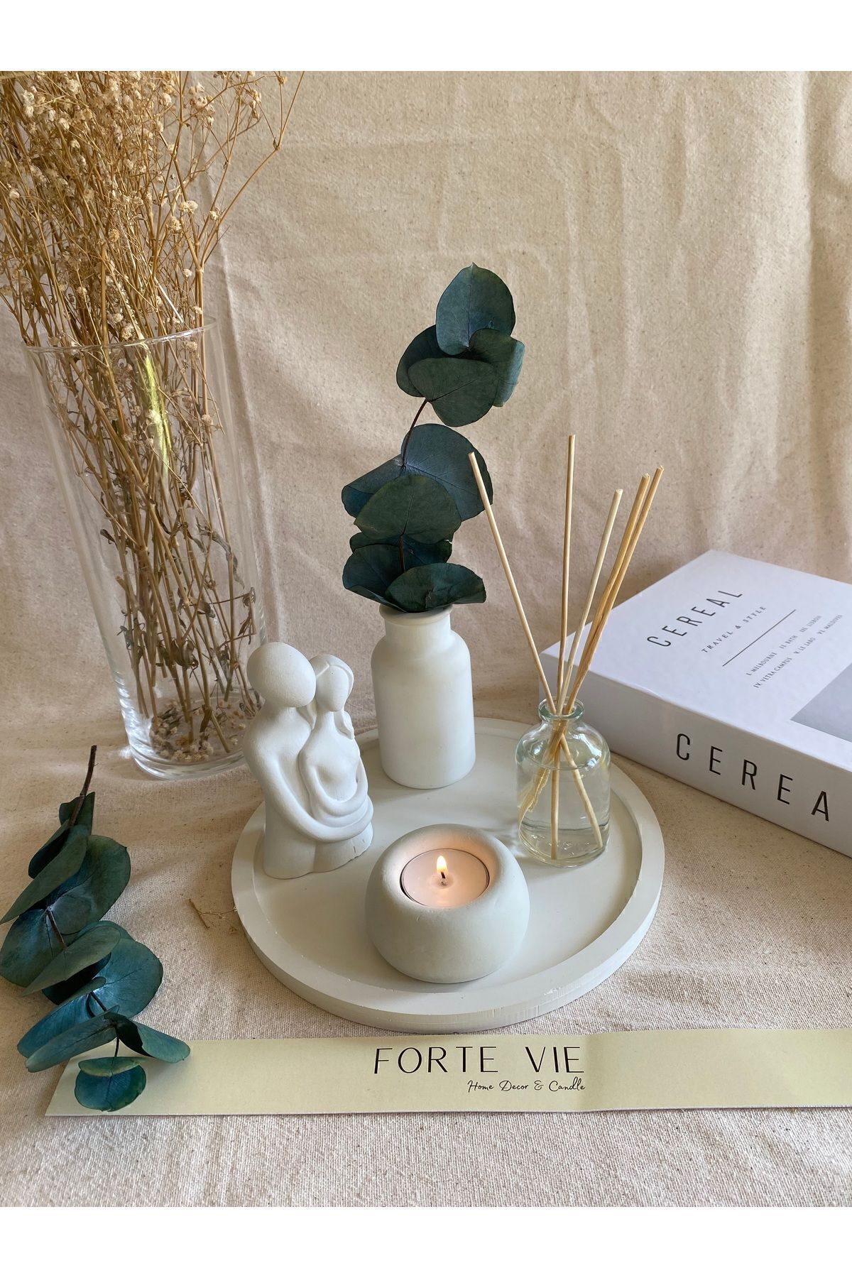 Dekoratif Minimal Vazo, Sarılan Sevgili Tealight Mum Ve Bebek Pudralı Oda Kokusu Seti