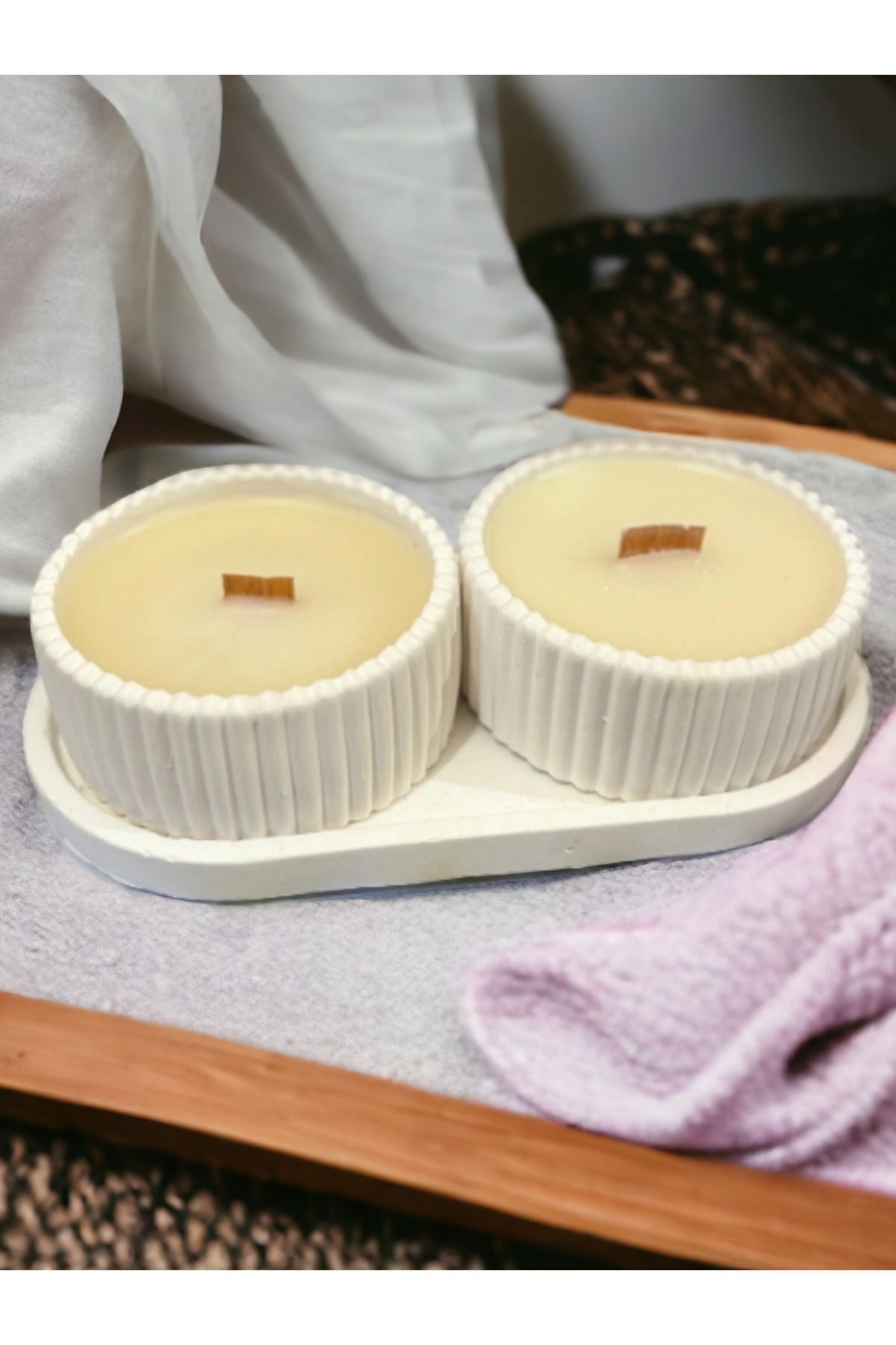 Dekoratif Hediyelik Sunum Atlığı Ve Kase Soya Mumu 3 Parça Set,onun Için Hediye,hediyelik Mum Seti