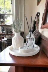 Dekoratif Çizgili Minyatür Vazo 100 ML Beyaz Sabun Oda Kokusu Set (TEALİGHT MUM DAHİL DEĞİLDİR)