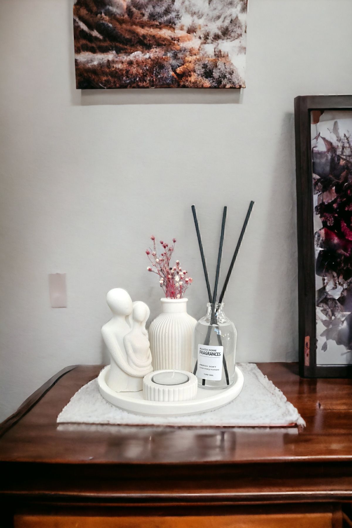 Alleza Home Dekoratif Çizgili Kuru Çiçek Vazosu Sarılan Sevgili Biblo Fresh Soft Oda Kokusu Set