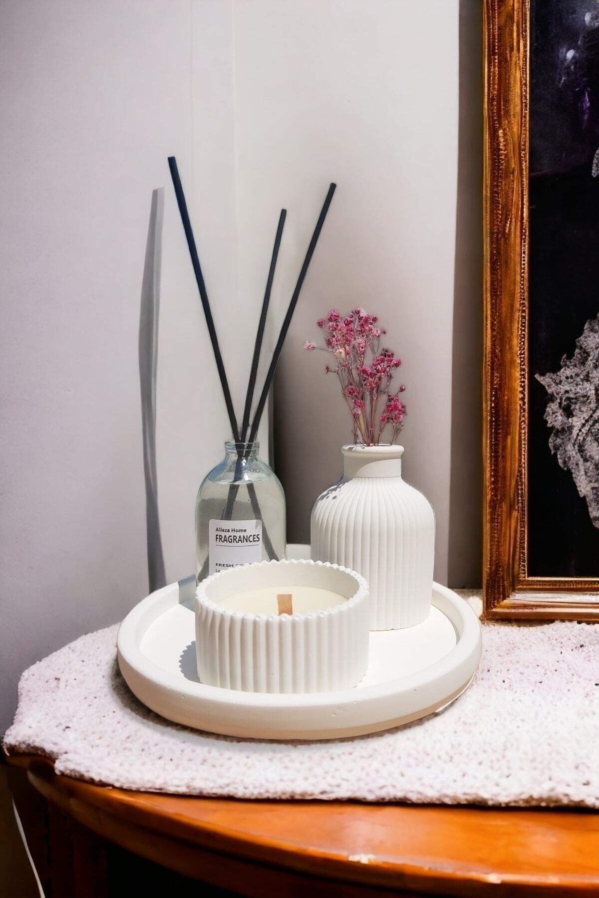 Dekoratif Mini Vazo Fresh Soft Oda Kokusu Dekoratif Mum Yuvarlak Stantlı Set