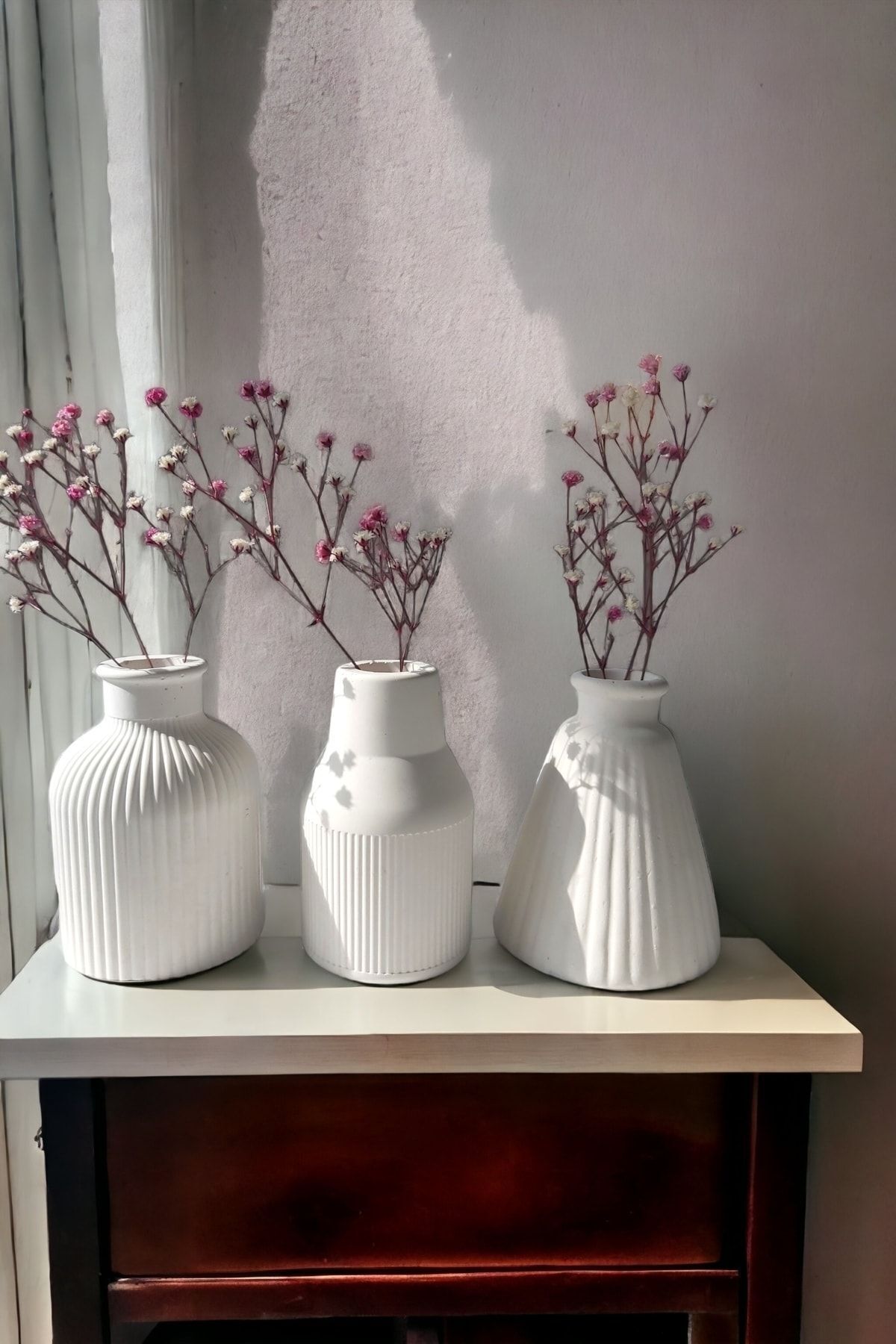 Dekoratif Üçlü 10 Cm Minyatür Beton Iskandinav Tarz Minimal Pampas Kuru Çiçek Vazo Seti