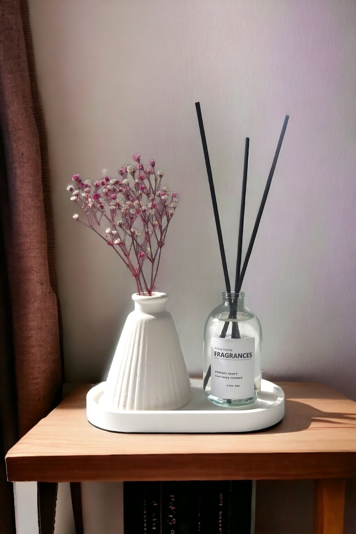 Dekoratif Konik Pampas Kuru Çiçek Vazosu Standlı Fresh Soft Oda Kokulu Set
