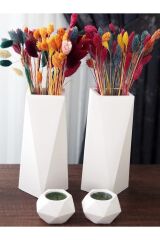 Geometrik Uzun Vazo 20 Cm Ve Geometrik Tealight Mumluk Set (4 PARÇA) Ham Beyaz